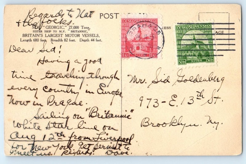 Prague Czech Republic Postcard M.V. Georgie White Star Line c1950's Vintage