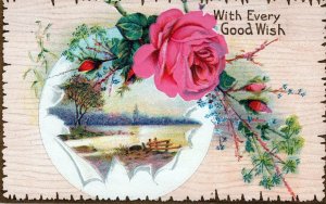 VINTAGE POSTCARD LAKE VIEW PINK ROSE GREETINGS c. 1910