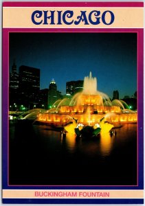 VINTAGE CONTINENTAL SIZE POSTCARD THE SPARKLING BUCKINGHAM FOUNTAINS AT CHICAGO