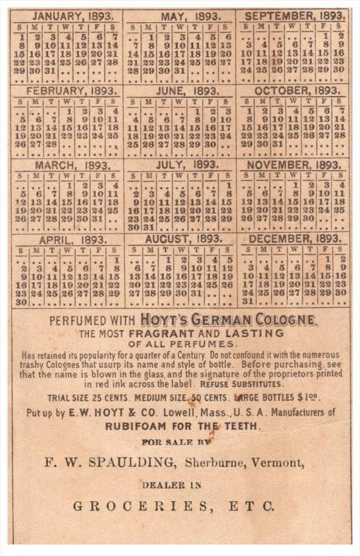 Hoyt's German Cologne  1893 Calendar Trade Card