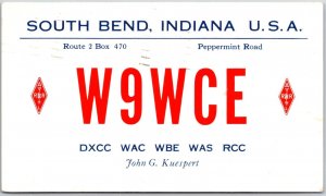 1949 QSL Radio Card W9WCE South Bend Indiana Amateur Radio Posted Postcard