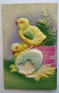 Vintage Easter Postcard Thick 3-D Raised Image Big Egg Two Chicks Pastel Unused 