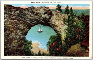 Arch Rock Mackinac Island Michigan Limestone Arch Above Lake Sailboat Postcard