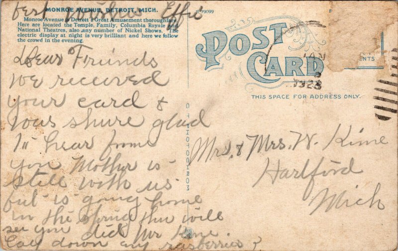 Vtg 1910s Monroe Avenue Detroit Michigan MI Postcard