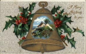 Christmas Gilt Embossed Bell Holly c1910 Postcard