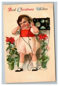 Vintage 1910's Wolf Publishing Christmas Postcard Cute Child Radio Headphones