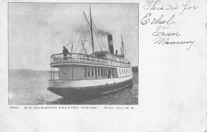 SHIP S.S. RICHMOND LEAVING WHARF WEST BAY NOVA SCOTIA CANADA POSTCARD (c. 1905)