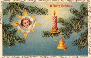 Christmas Greetings Angel Cherub Face Candle Vintage Postcard AA55901