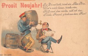 New Year Greetings 1894 Man drinking Beer from Barrel Worker postcard C360