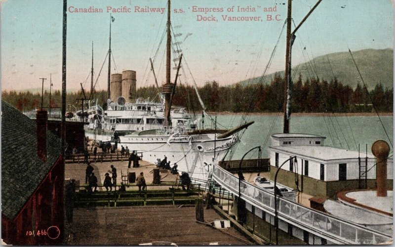 Vancouver BC 'Empress of India' Ship Steamship Docks c1910 Postcard E79