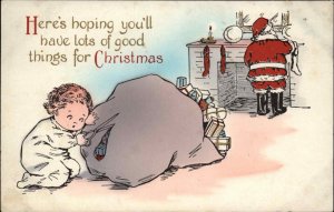 Christmas Little Boy Cuts Hole in Santa's Toy Sack c1910 Vintage Postcard