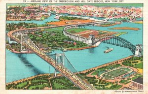 Vintage Postcard 1930's Airplane View Tribourough & Hell Gate Bridges New York