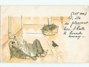 Pre-Linen Comic DRUNK MAN SLEEPING UNDER THE DRAINPIPE AB9443