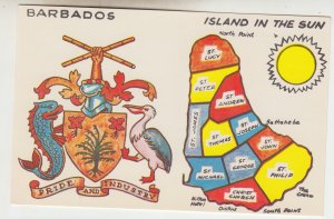 P2165 vintage postcard colorful map & coat of arms barbados island in the sun