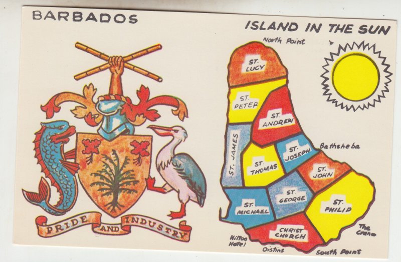 P2165 vintage postcard colorful map & coat of arms barbados island in the sun