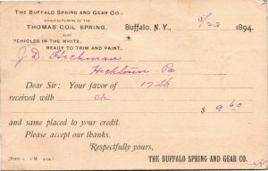 Postal Card NY The Buffalo Spring & Gear Co. Cheque Receipt 1894 H8