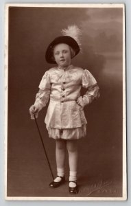 RPPC Darling Child in Costume With Cane And Feather Hat Studio Postcard R30