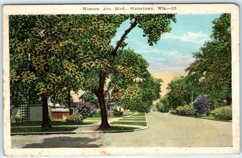 c1920s Watertown, Wis. Western Ave. Blvd. Postcard Residence House Street WI A41