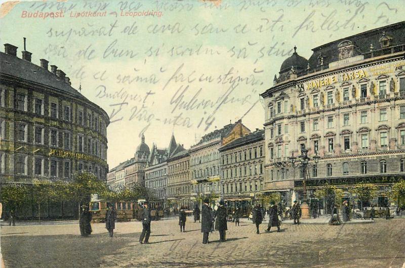 Budapest 1913 Hungary Leopoldring Krayer E. es Tarsa Kavehaz Cafe Tramways