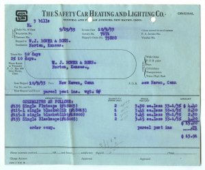 The Safety Car Heating And Lighting Co. New Haven Conn.Vintage 10-9-1933 Invoice