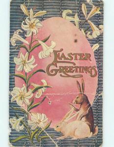 Divided-Back Easter TWO BUNNY RABBITS BY LARGE PINK EGG o6165