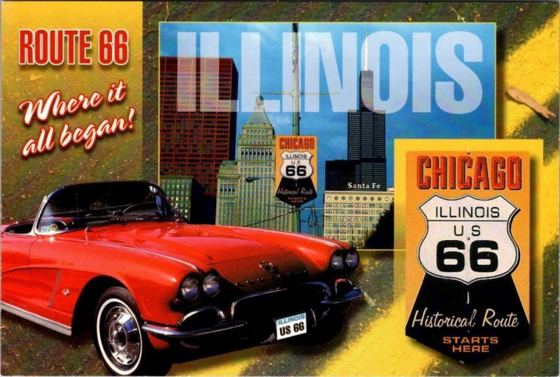 2~4X6 Postcards Chicago IL Illinois ROUTE 66~RED CORVETTE CONVERTIBLE & MAP CARD
