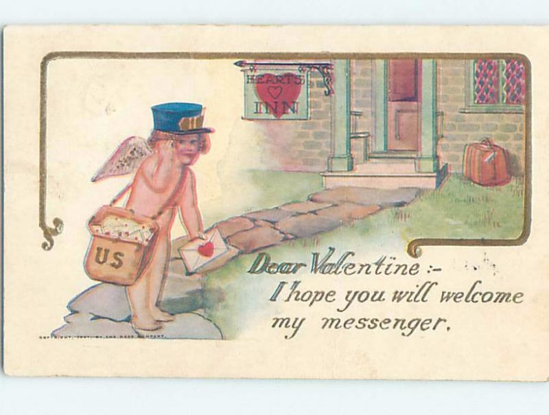 Divided-Back Valentine USPS CUPID DELIVERING THE MAIL ho4111