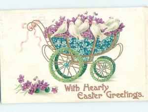 Pre-Linen easter WHITE DOVE BIRDS IN BABY CARRIAGE MADE OF FLOWERS hr1941