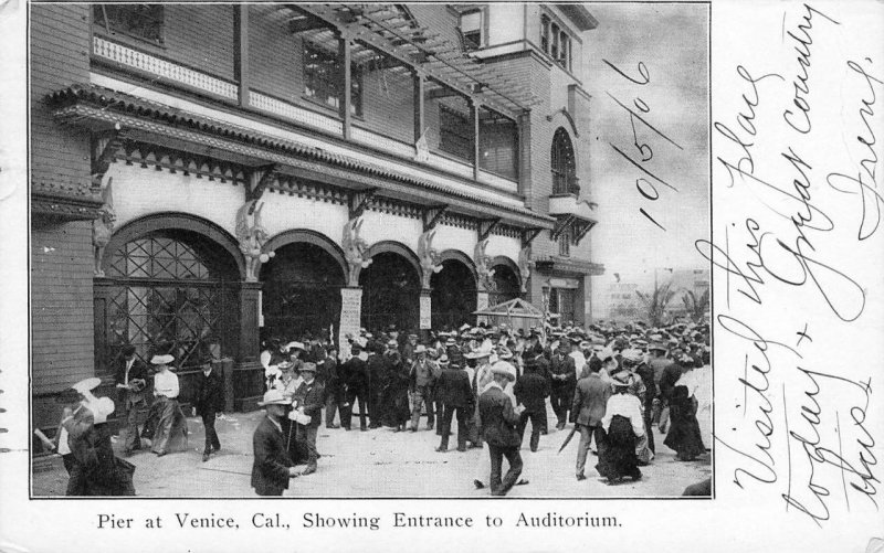 VENICE, CA Pier Scene Auditorium Entrance 1906 Vintage Postcard