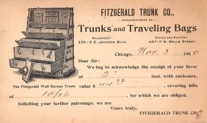 Chicago Illinois Fitzgerald Trunk Co Wall Bureau Trunk Postal Receipt PC AA40061