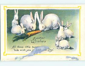 Pre-Linen easter MANY WHITE BUNNY RABBITS EATING CARROT hr1965