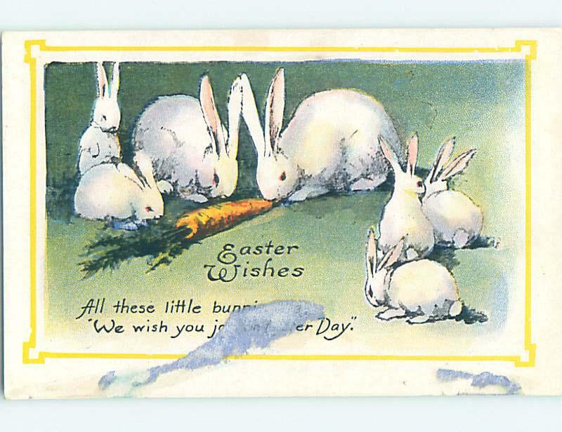 Pre-Linen easter MANY WHITE BUNNY RABBITS EATING CARROT hr1965