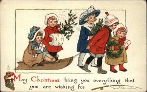 Tuck Merry Children Christmas Cute Kids on Sled c1910 Vintage Postcard