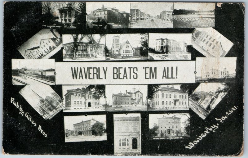 c1900s Waverly, IA Multi-View Collage Postcard Schools Giles Laundry Posted