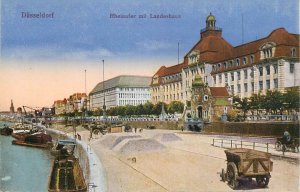 Germany navigation themed postcard Dusseldorf promenade pier transport barges