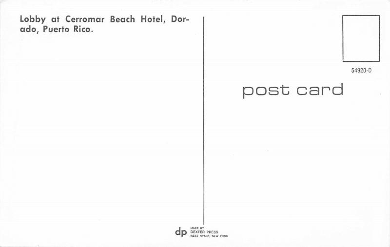 Dorado Puerto Rico 1960s Postcard Lobby at Cerromar Beach Hotel 