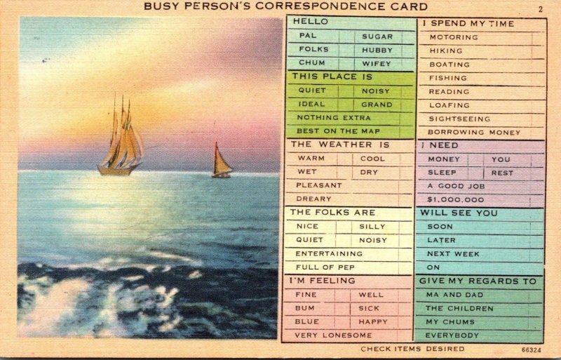 Humour Busy Person's Correspondence Card Sailing Scene