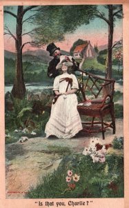 Vintage Postcard 1910's Lovers Couple Surprise Blind Folded Dating Romance