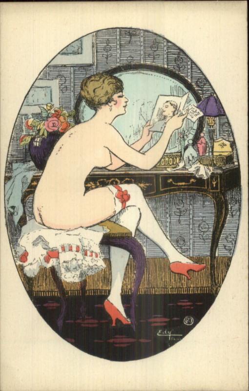 Nude Art Woman Stocking HI Heels Topless Reading Love Letter EDY Postcard