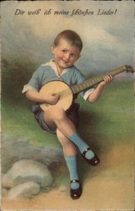 Antique Postcard GERMAN Little Boy Playing Banjo