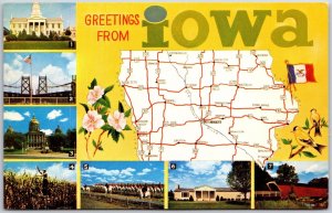 Iowa IA, Greetings Card, Famous Places, Landmarks, Map, Vintage Postcard