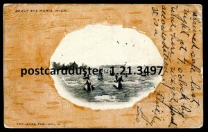 h3728 - SAULT STE. MARIE Michigan Postcard 1907 Indians Canoe Fishing by Jones