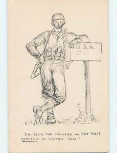 Linen-Like military signed USA ARMY SOLDIER IS SEEING THE COUNTRY HL6646