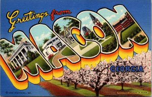 Vtg 1940s Large Letter Greetings Macon Georgia GA Peach Tree Orchard Postcard