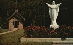 Vintage Postcard Har-ber Village Church Statue Christ Oklahoma