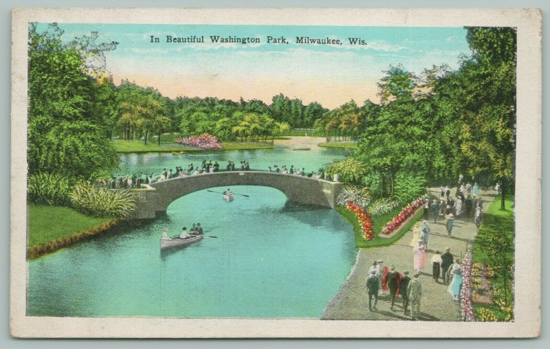 Milwaukee Wisconsin~Beautiful Washington Park~Canoes on the River~c1930~Postcard 