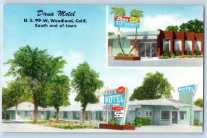 Woodland California Postcard Dana Motel Restaurant Multiview 1940 Vintage Linen