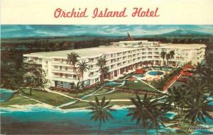 1950s Hilo Hawaii Birdseye View Orchid Island Hotel Modern Camera Postcard 9404