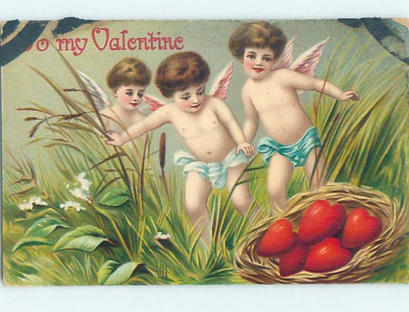 Pre-Linen valentine CUPIDS FIND BIRD NEST FULL OF HEARTS HL1420