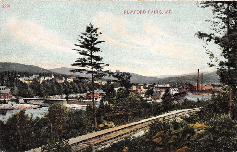 Rumford Falls Maine Hillside View~Buildings~Bridge~Factory?~Railroad Tracks~1910